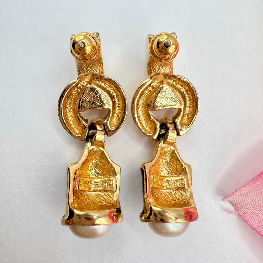 Vintage Piscitelli Blue Guilloche Door Knocker Earrings Gold Tone Rhinestones - Picture 6 of 10